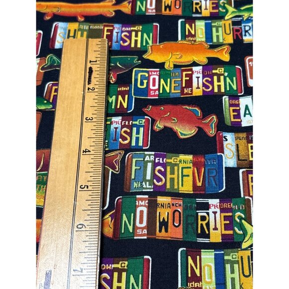 14" x 44" Lov 2 Fish Cotton Fabric with Fishing License Plate Print by AKO - Picture 2 of 6